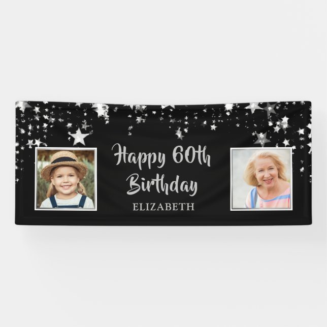 Happy 60th Birthday Black Silver Stars Name Banner (Horizontal)