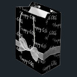 Happy 60th Birthday Bow On Black Medium Gift Bag<br><div class="desc">Happy 60th birthday text and white sheer bow on black background.
Background colour can be edited.
Text is editable or can be deleted.</div>