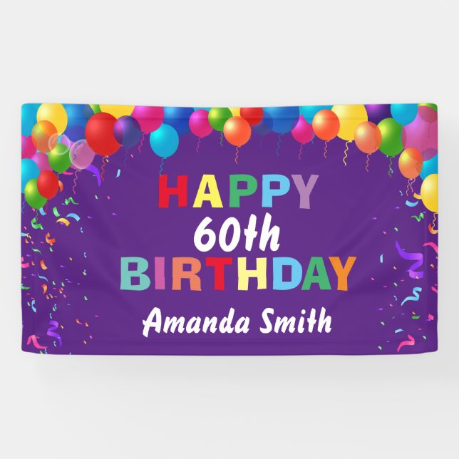Happy 60th Birthday Colourful Balloons Purple Banner (Horizontal)