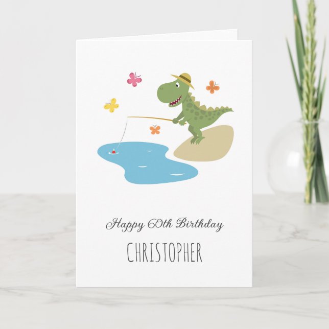 Happy 60th Birthday Cute Cartoon Dinosaur Fishing Card (Front)