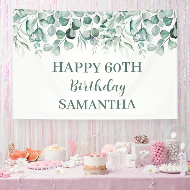 Happy 60th Birthday Eucalyptus Botanical Rustic Banner (Party)