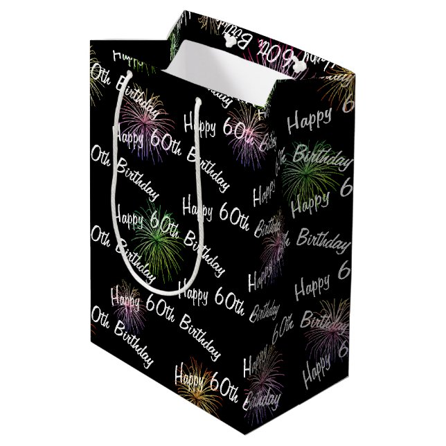 Happy 60th Birthday fireworks on black Medium Gift Bag (Back Angled)