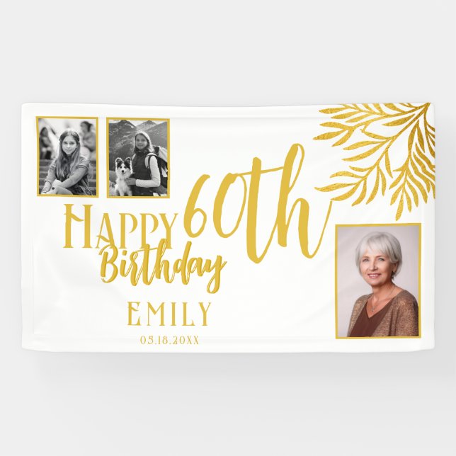 Happy 60th Birthday Gold Foliage 3 Photo Backdrop Banner (Horizontal)