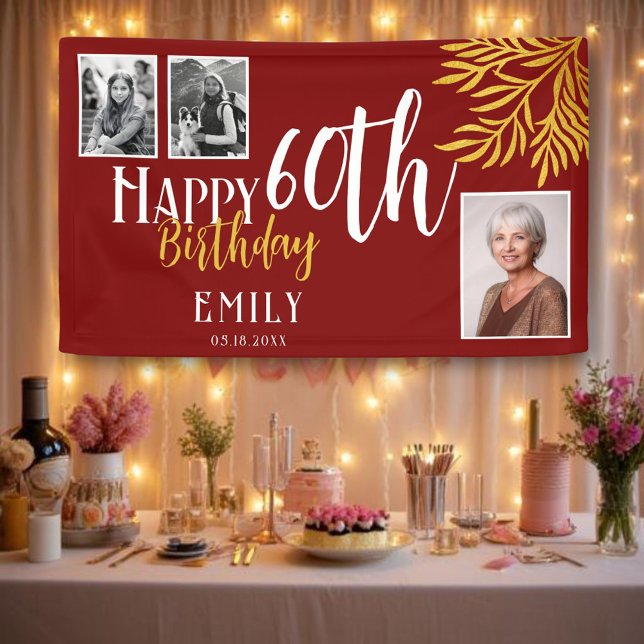Happy 60th Birthday Gold Foliage 3 Photo Backdrop Banner (Creator Uploaded)