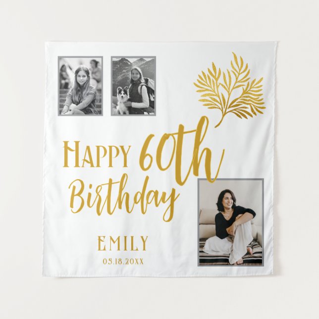 Happy 60th Birthday Gold Foliage 3 Photo Backdrop Tapestry (Front)