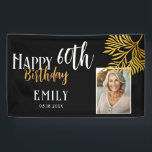 Happy 60th Birthday Gold Foliage Photo Backdrop Banner<br><div class="desc">Happy 60th Birthday Gold Foliage Photo Backdrop Banner. Celebrate a milestone in style with this Elegant Black & Gold 60th Birthday Banner. Featuring a sophisticated black background adorned with luxurious gold foliage, this design adds a touch of class. Personalized with your photo, this banner is perfect for making the guest...</div>