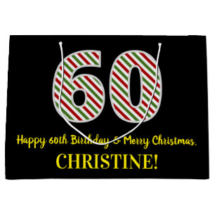Happy 60th Birthday & Merry Christmas, Custom Name Large Gift Bag
