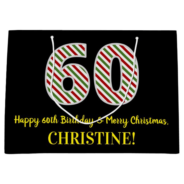 Happy 60th Birthday & Merry Christmas, Custom Name Large Gift Bag (Front)