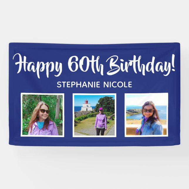 Happy 60th Birthday Navy Blue Personalized Photos Banner (Horizontal)
