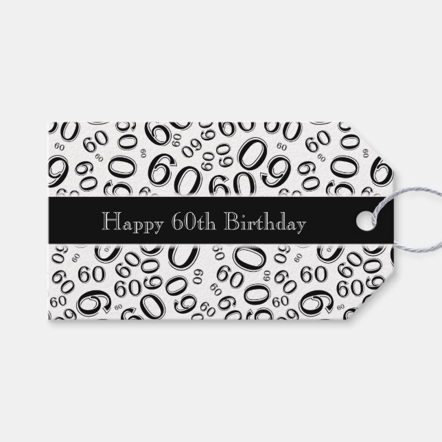 Happy 60th Birthday Number Pattern Black/White Gift Tags (Front (Horizontal))