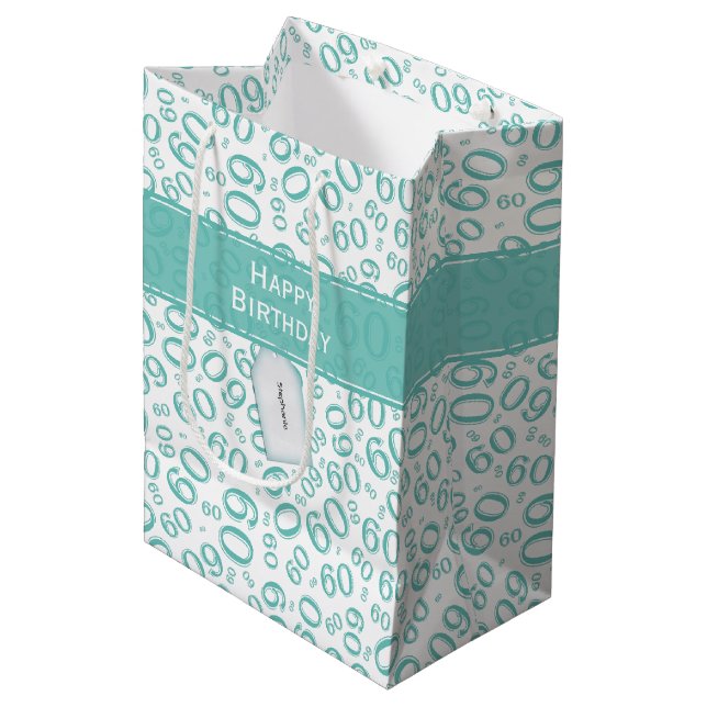 Happy 60th Birthday Number Pattern Teal/White Medium Gift Bag (Front Angled)