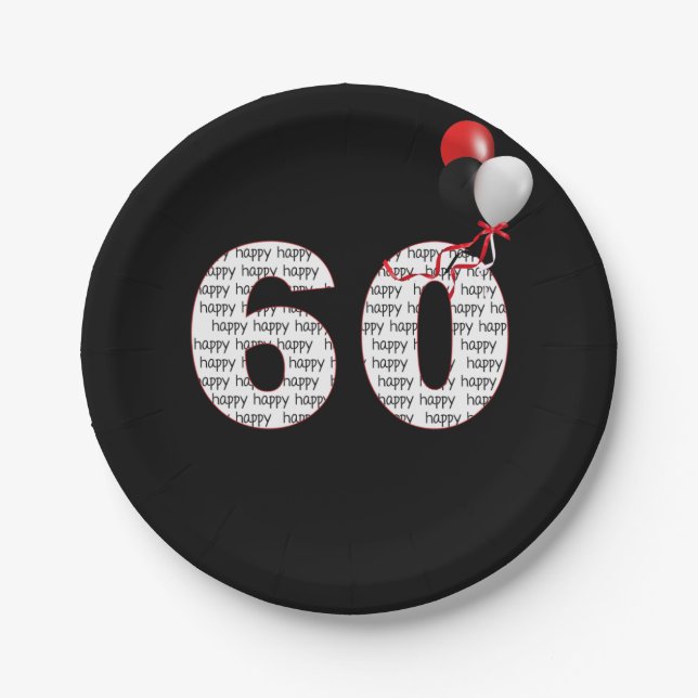 Happy 60th Birthday On Black Paper Plate (Front)