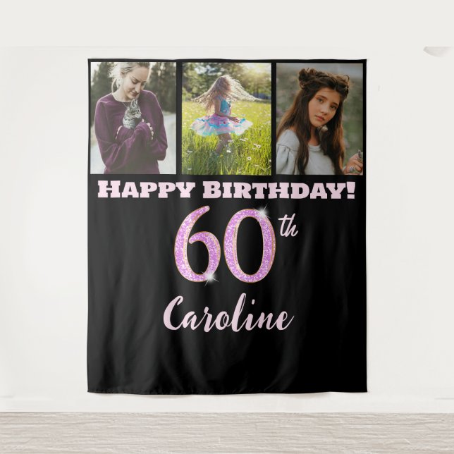 Happy 60th Birthday Party, Pink Glitter & 3 photos Tapestry (Front)