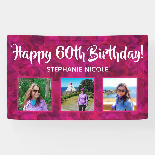 Happy 60th Birthday Pink Personalized Photos Banner (Horizontal)