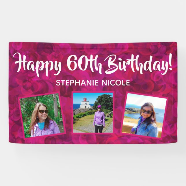 Happy 60th Birthday Pink Personalized Photos Banner (Horizontal)