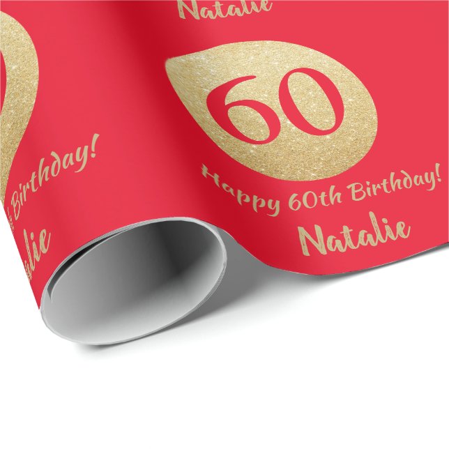 Happy 60th Birthday Red and Gold Glitter Wrapping Paper (Roll Corner)