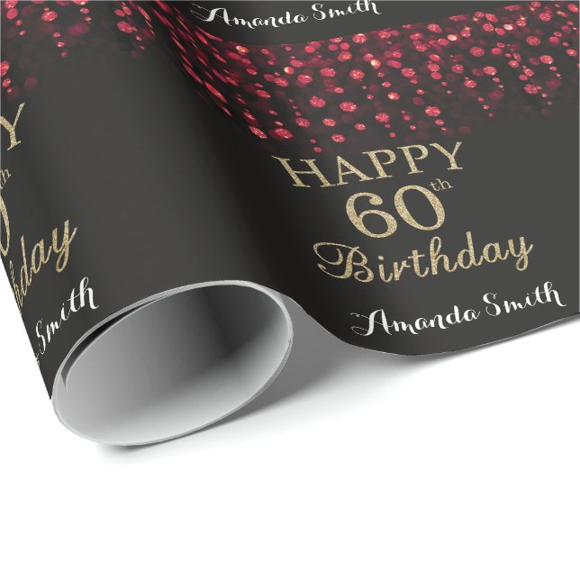 Happy 60th Birthday Red Black and Gold Glitter Wrapping Paper (Roll Corner)