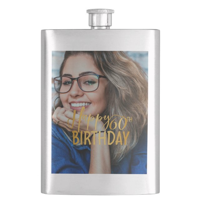 Happy 60th Birthday Script Personalized Photo Hip Flask (Front)