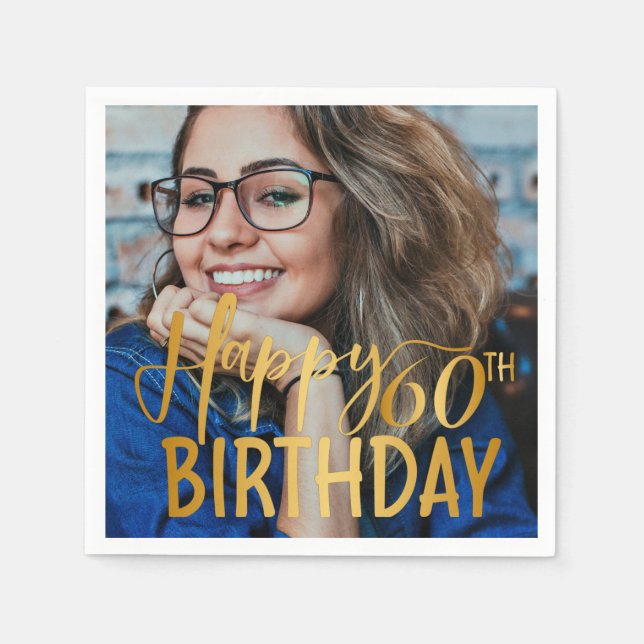 Happy 60th Birthday Script Personalized Photo Napkin (Front)