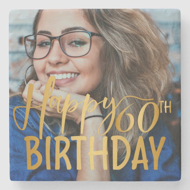 Happy 60th Birthday Script Personalized Photo Stone Coaster (Front)