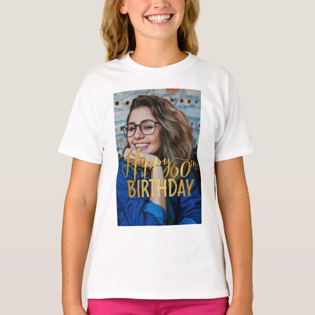 Happy 60th Birthday Script Personalized Photo T-Shirt (Front)