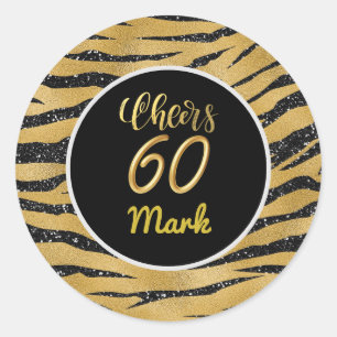 Happy 60th  Birthday white gold theme  Tiger theme Classic Round Sticker