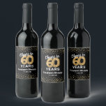 Happy 60th Birthday Wine Label<br><div class="desc">Personalized 60th birthday party wine bottle labels featuring a stylish black background that can be changed to any colour,  glamourous gold sparkly glitter,  sixty gold hellium balloons,  and a simple text template that is easy to personalize.</div>