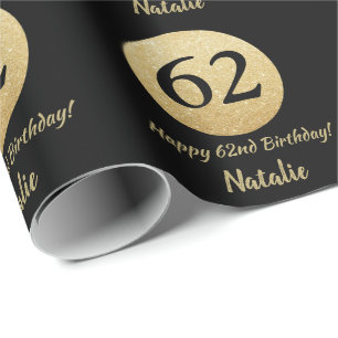 Happy 62nd Birthday Black and Gold Glitter Wrapping Paper