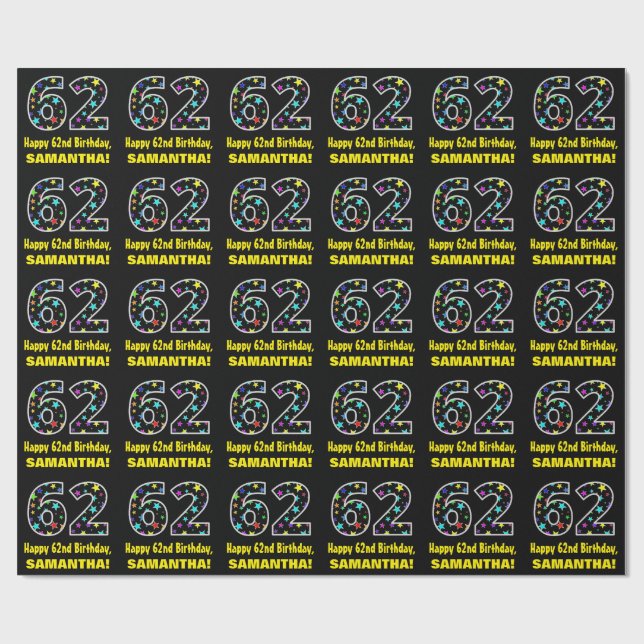 Happy 62nd Birthday, Fun Colourful Stars Pattern 6 Wrapping Paper (Flat)