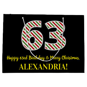 Happy 63rd Birthday & Merry Christmas, Custom Name Large Gift Bag