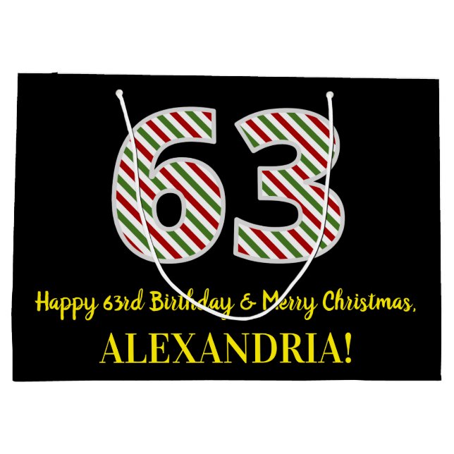 Happy 63rd Birthday & Merry Christmas, Custom Name Large Gift Bag (Back)