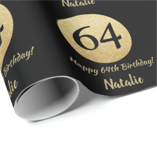 Happy 64th Birthday Black and Gold Glitter Wrapping Paper