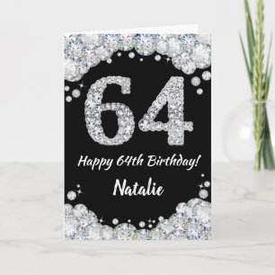 Happy 64th Birthday Black and Silver Glitter Card