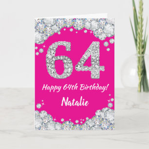 Happy 64th Birthday Hot Pink and Silver Glitter Card