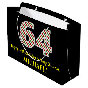 Happy 64th Birthday & Merry Christmas, Custom Name Large Gift Bag