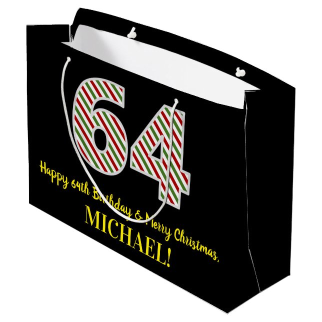 Happy 64th Birthday & Merry Christmas, Custom Name Large Gift Bag (Back Angled)