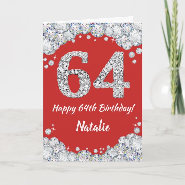 Happy 64th Birthday Red and Silver Glitter Card (Front)