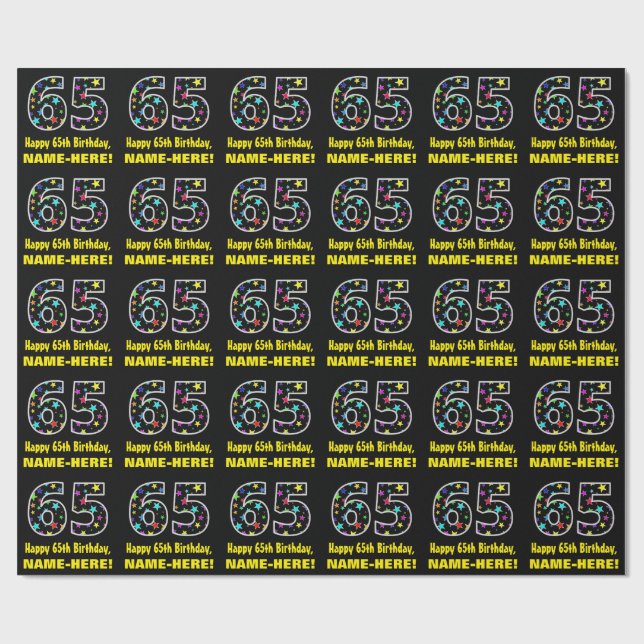Happy 65th Birthday, Fun Colourful Stars Pattern 6 Wrapping Paper (Flat)