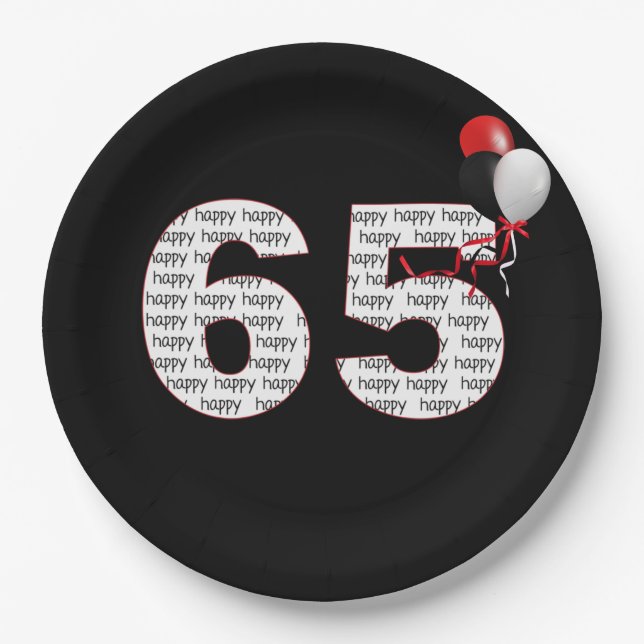 Happy 65th Birthday On Black Paper Plate (Front)