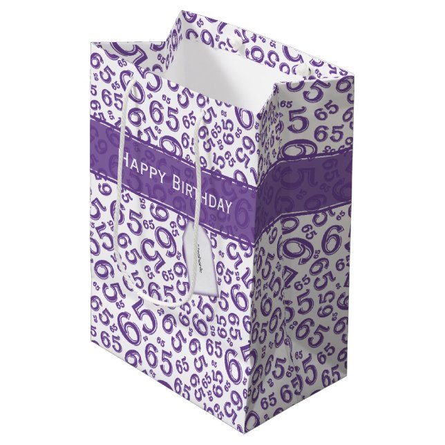 Happy 65th Birthday Party Purple Number Pattern Medium Gift Bag (Front Angled)