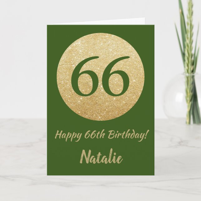 Happy 66th Birthday Green and Gold Glitter Card (Front)