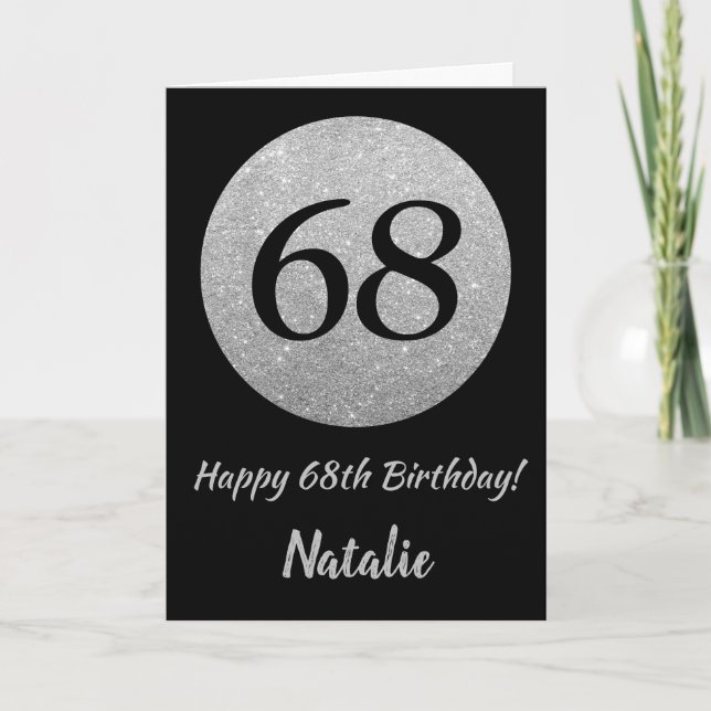 Happy 68th Birthday Black and Silver Glitter Card (Front)