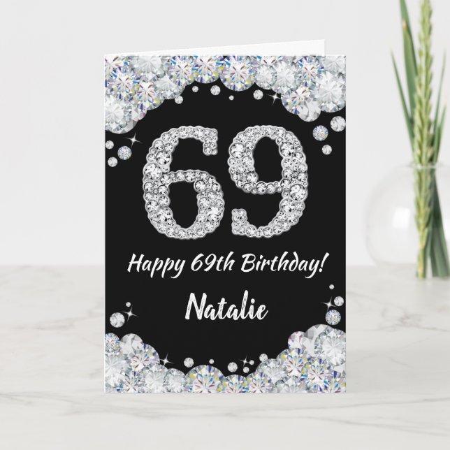 Happy 69th Birthday Black and Silver Glitter Card (Front)