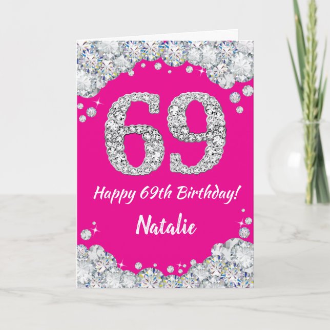 Happy 69th Birthday Hot Pink and Silver Glitter Card (Front)