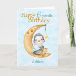 Happy 6 Month Birthday Penguin and Moon Blue Card<br><div class="desc">A cute 6 month baby penguin birthday card. The card features a baby boy penguin sitting on a crescent moon . A sweet design for a little boy who will be half a year old. Can be customized by amending the titles and age then personalize it by adding the baby's...</div>