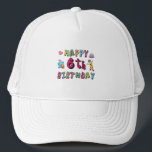 Happy 6th Birthday 6 year old b-day surprise Trucker Hat<br><div class="desc">Happy 6th Birthday. Funny and cute Birthday design with lovely teddy bear holding a gift and a funny pencil writing the birthday wishes. A perfect match for clothing,  shirts and accessories.</div>