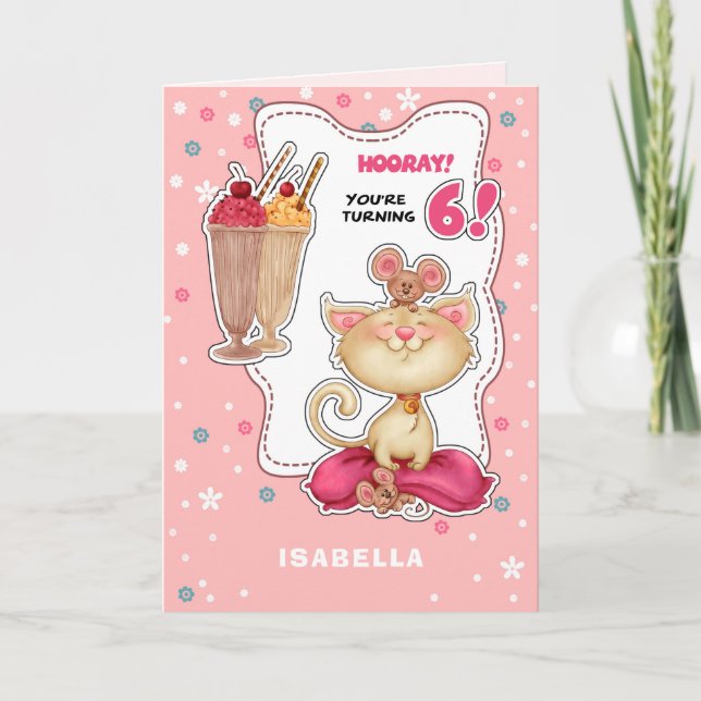 Happy 6th Birthday. Custom Name Fun Kitty and Mice Card (Front)