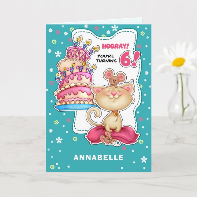 Happy 6th Birthday. Custom Name Fun Kitty and Mice Card (Small Plant)