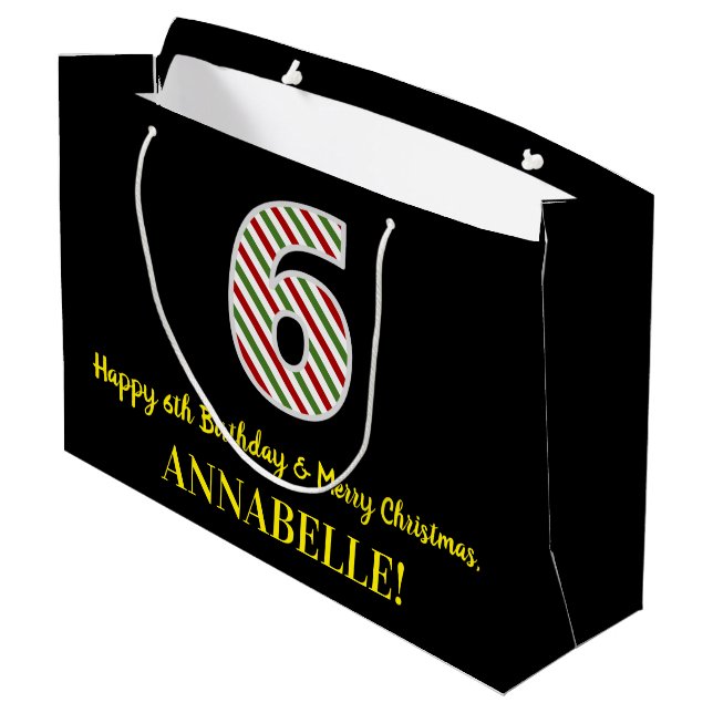 Happy 6th Birthday & Merry Christmas, Custom Name Large Gift Bag (Back Angled)