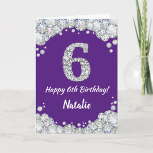 Happy 6th Birthday Purple and Silver Glitter Card